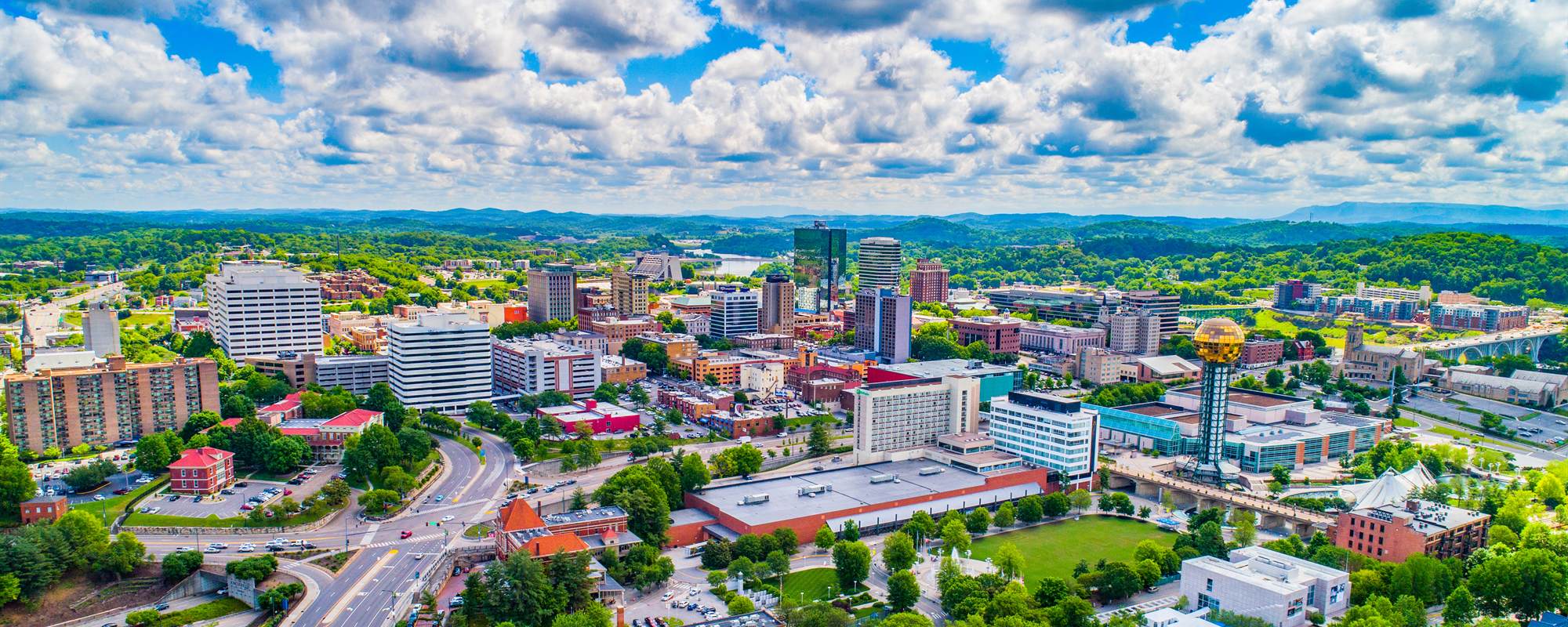 Aerial view of downtown Knoxville and the Sunsphere
