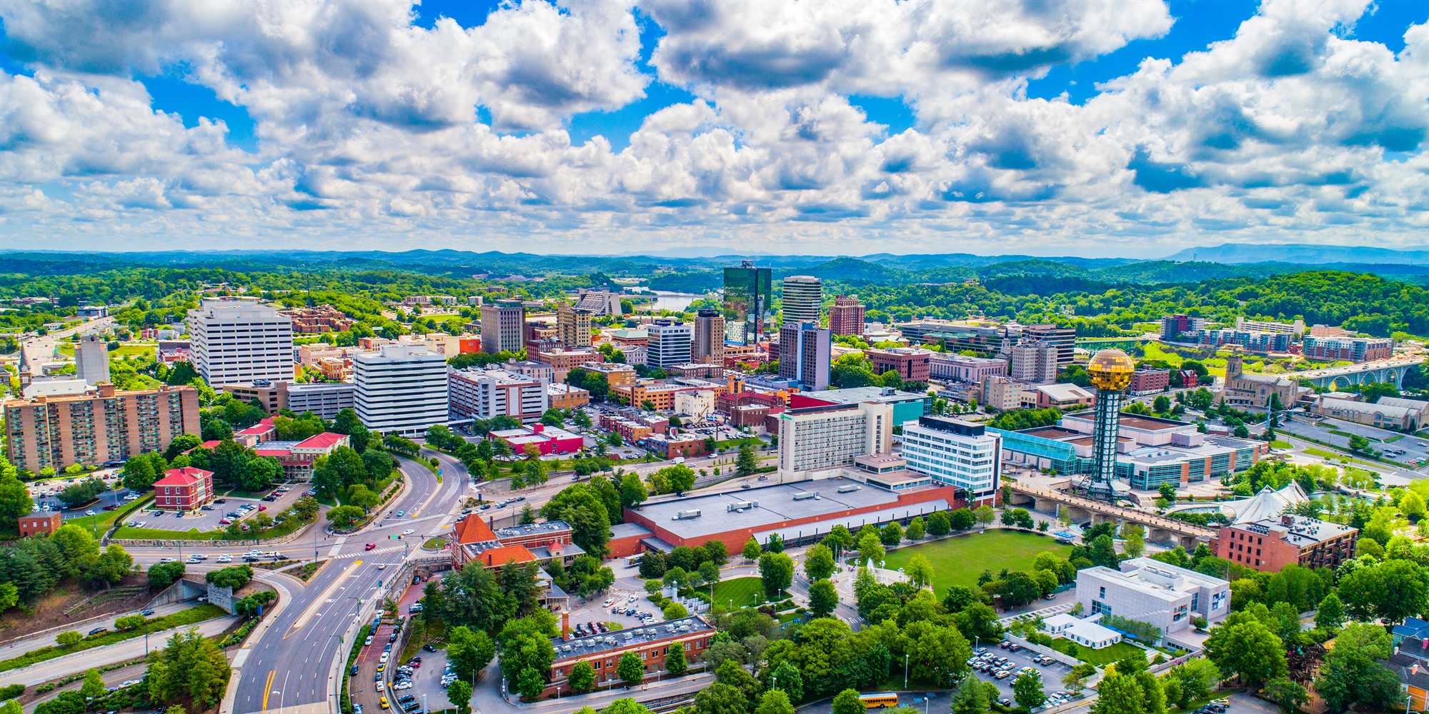 Aerial view of downtown Knoxville and the Sunsphere