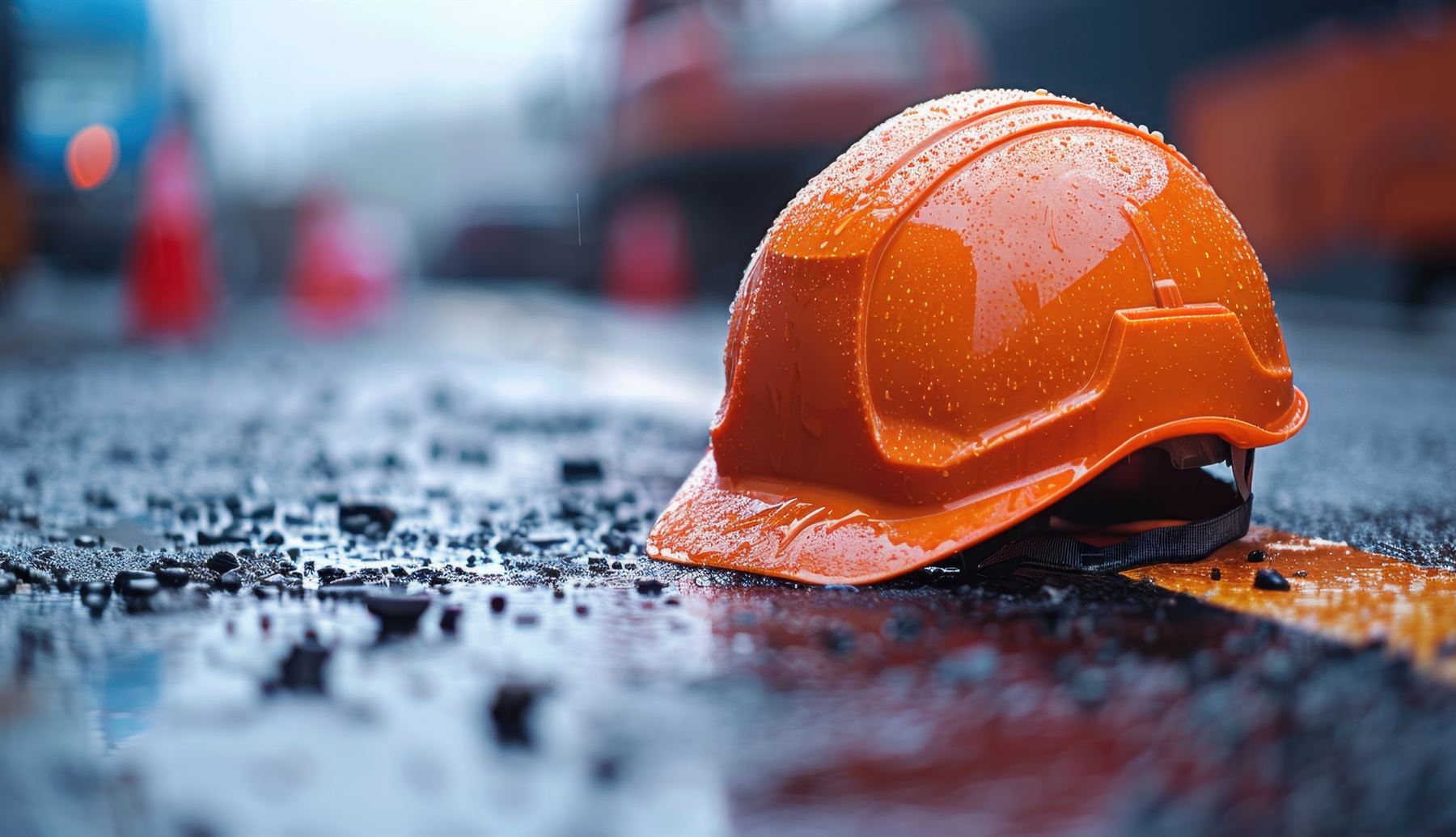 Orange hard hat resting on wet pavement at a job site